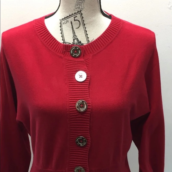 Anne Klein Red Cardigan Sweater Gold Buttons S Long Sleeve Fitted Cotton Blend - Picture 3 of 12